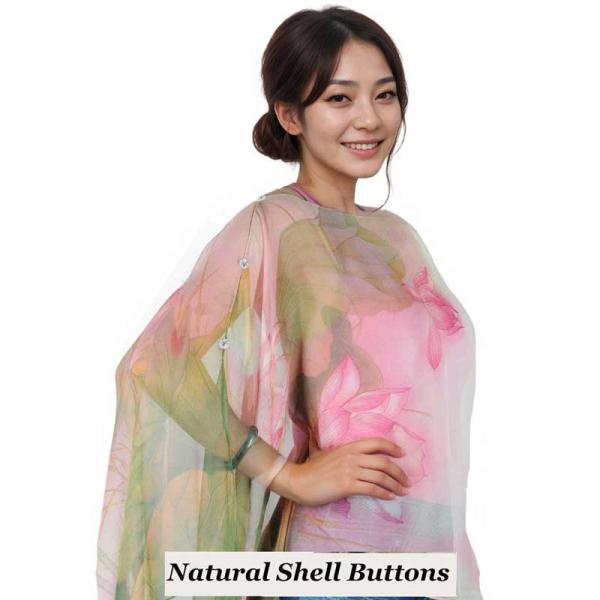 Wholesale 1799/T - Silky Six Button Ponchos 130/PG<br>
Pink-Green Lotus<br>
Shell Buttons  - 
