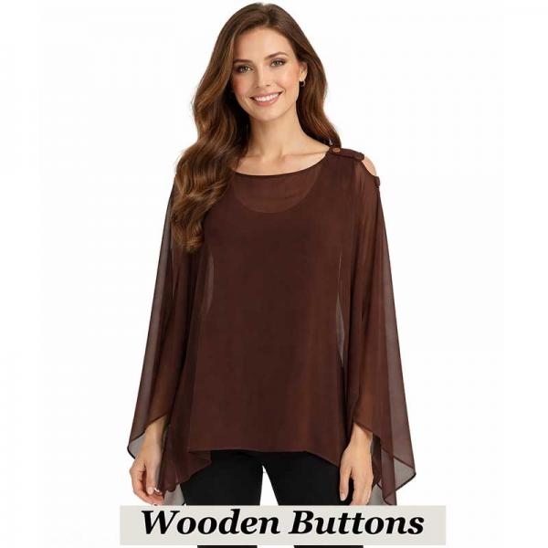 wholesale 1799/T - Silky Six Button Ponchos Solid Dark Brown<br>
Wooden Buttons - 