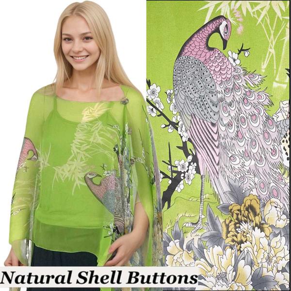 Wholesale 1799/T - Silky Six Button Ponchos 115/LM <br>
Lime Peacock<br>
Shell Buttons - 