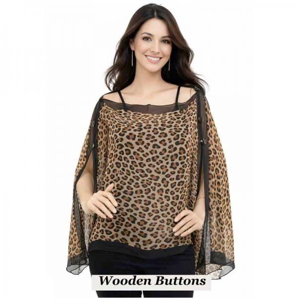 wholesale 1799/T - Silky Six Button Ponchos 104/BK<br> 
Cheetah Black Border<br>
Wooden Buttons - 