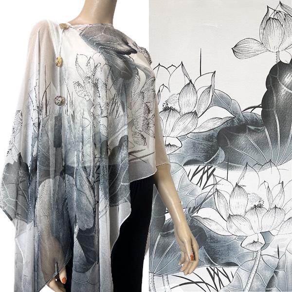 Wholesale 1799 - Silky Six Button Poncho/Cape 130GW - Shell Buttons<br> Grey-White Lotus  - 