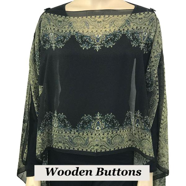 1799 - Silky Six Button Poncho/Cape 107BK Wooden Buttons<br>Black-Tan (Paisley Border) - 