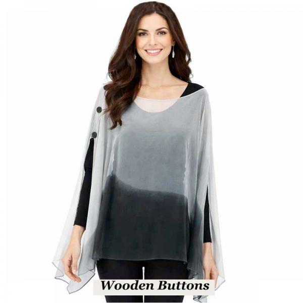 wholesale 1799/T - Silky Six Button Ponchos 106/BGW<br>
Tri- Color Black-Grey-White<br>
Wooden Buttons  - 