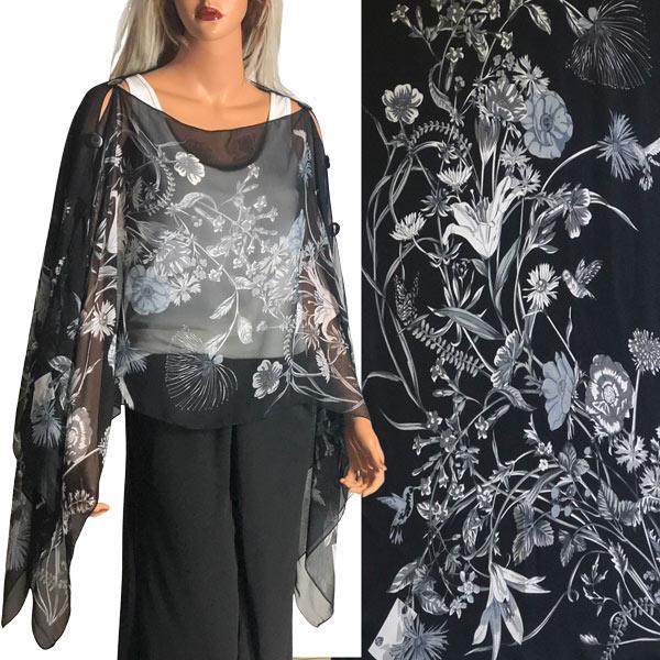 1799 - Silky Six Button Poncho/Cape FLBK1 Wooden Buttons<br> Floral Black Grey  - 