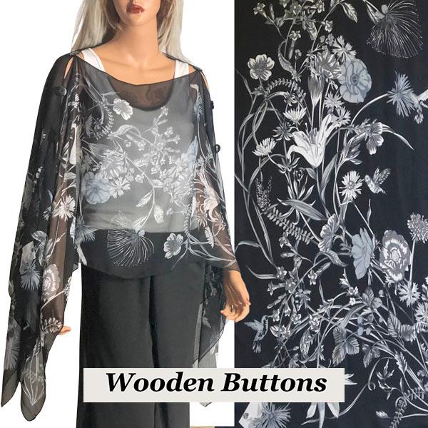 wholesale 1799 - Silky Six Button Poncho/Cape FLBK1 - Wooden Buttons<br> Floral Black Grey  - 
