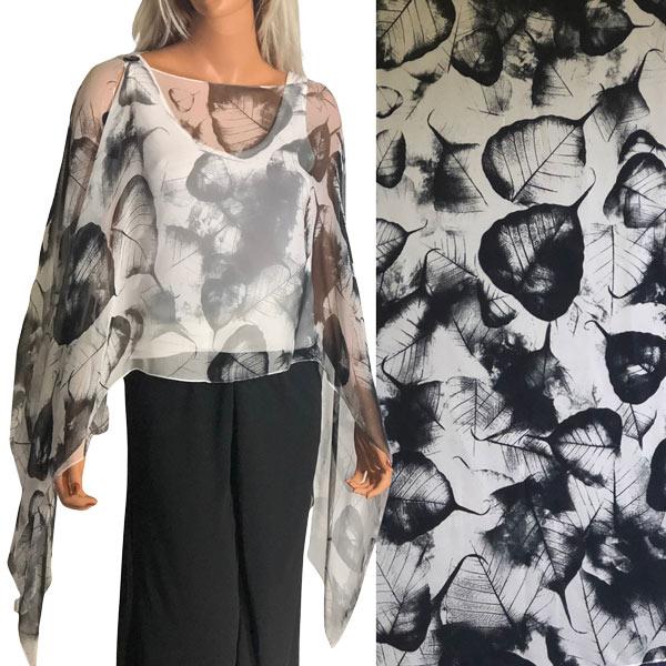 wholesale 1799 - Silky Six Button Poncho/Cape LE02 Wooden Buttons<br> Leaves Black on Grey  - 