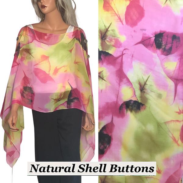 wholesale 1799 - Silky Six Button Poncho/Cape A041 - Shell Buttons<br>
Pink/Green Multi Leaves - 