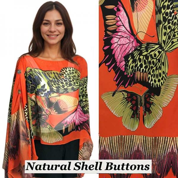 Wholesale 1799/T - Silky Six Button Ponchos 714/OR<br>
Orange Big Butterfly<br>
Shell Buttons  - 