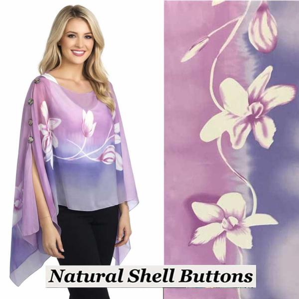 wholesale 1799/T - Silky Six Button Ponchos A036<br>
Lilac Floral<br>
Shell Buttons - 
