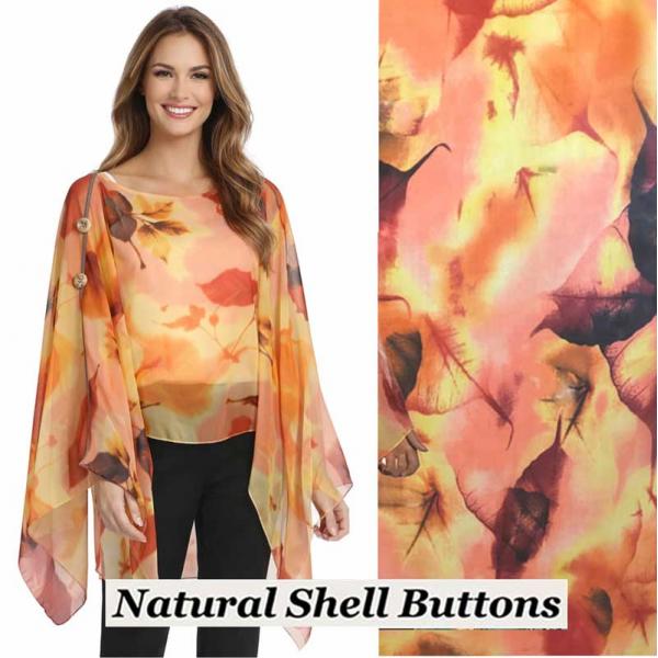 wholesale 1799/T - Silky Six Button Ponchos A040<br>
Coral Multi Leaves<br>
Shell Buttons - 