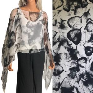 Wholesale 1799 - Silky Six Button Poncho/Cape LE03 - Leaves Black on Grey<br> 
Shell Buttons - 
