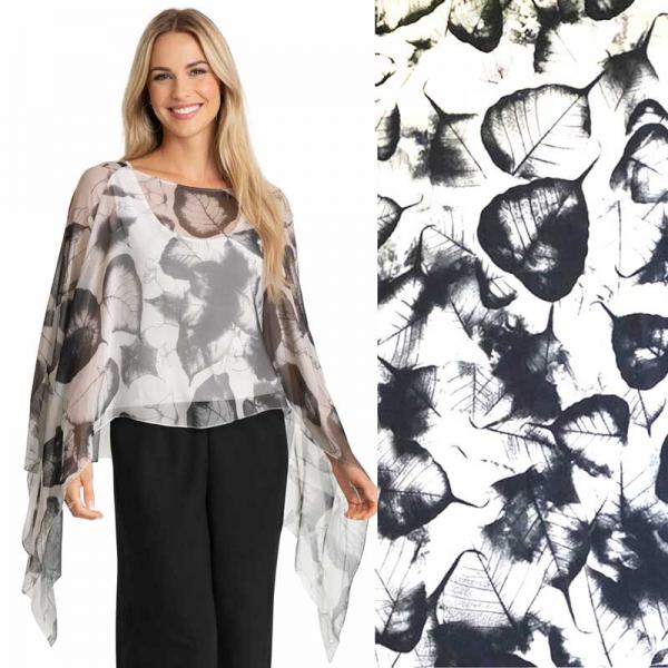 wholesale 1799/T - Silky Six Button Ponchos LE/03<br>Leaves Black on Grey<br> 
Shell Buttons - 