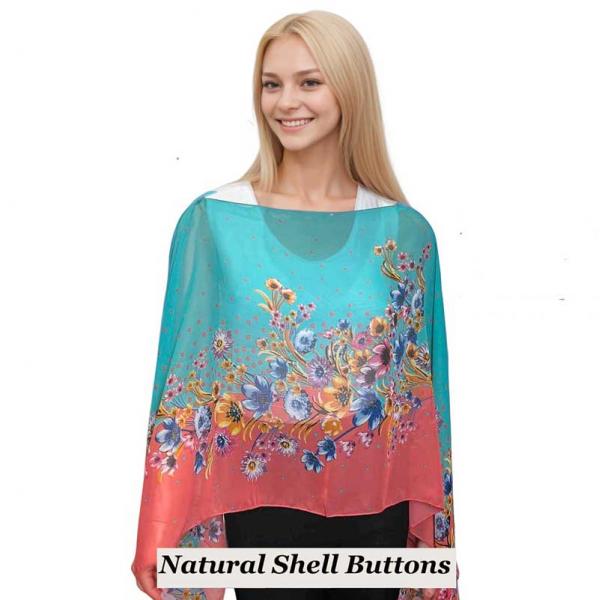 wholesale 1799/T - Silky Six Button Ponchos 015/CO<br>
Coral Floral<br>
Shell Buttons - 