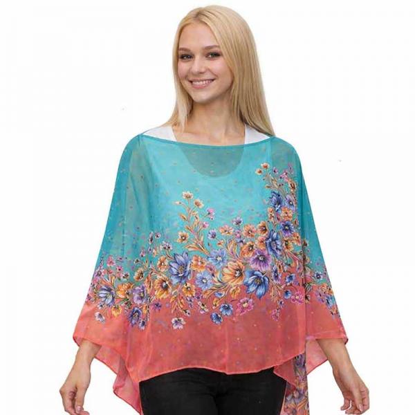 wholesale 1799/T - Silky Six Button Ponchos 015/CO <br>
Coral Floral<br>
Shell Buttons - 