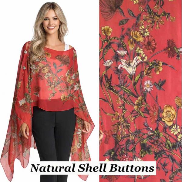 wholesale 1799/T - Silky Six Button Ponchos FL/RD <br>
Floral Red<br>
Shell Buttons - 