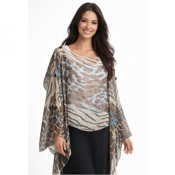 wholesale 1799/T - Silky Six Button Ponchos 701/BR <br> 
Animal Print Brown-Blue<br>
Shell Buttons - 