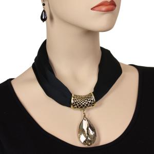 Satin Fabric Necklace 1818 #011 Black (Bronze Magnet) w/ Pendant #566 - 