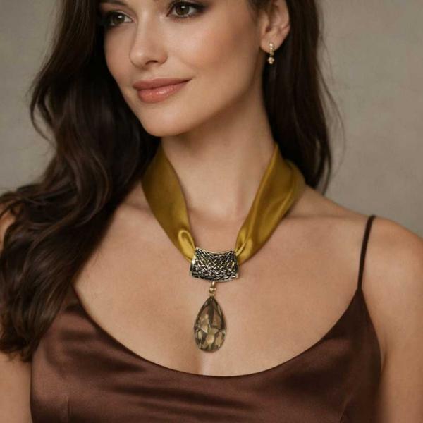 wholesale 1818 - Satin Jeweled Pendant Necklaces  #018 Light Olive on Bronze  - 