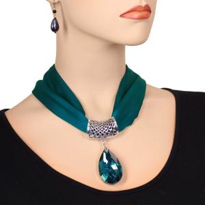 Satin Fabric Necklace 1818 #025 Dark Teal (Silver Magnet) w/ Pendant #568 - 