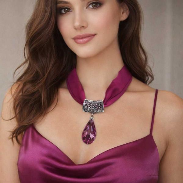 wholesale 1818 - Satin Jeweled Pendant Necklaces  #024 Orchid on Silver  - 