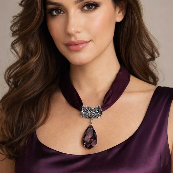 wholesale 1818 - Satin Jeweled Pendant Necklaces  #037 Eggplant on Silver - 