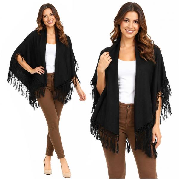 wholesale 129 - Tasseled Wool Feel  Round Cut Vests Black  - 