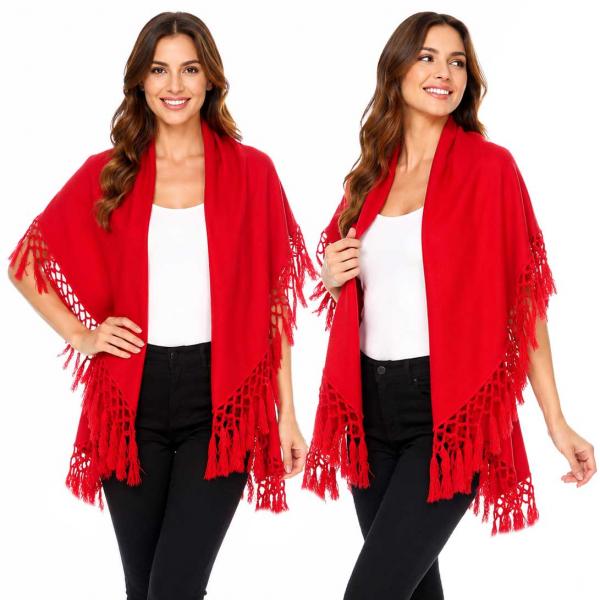 wholesale 129 - Tasseled Wool Feel  Round Cut Vests Red - 