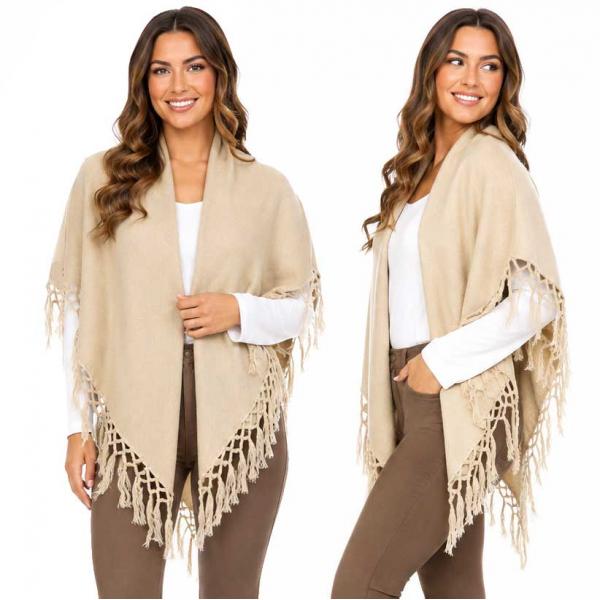 wholesale 129 - Tasseled Wool Feel  Round Cut Vests Beige  - 