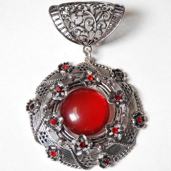 1905 - Scarf Pendants #S484 Silver Flower Circle w/ Red Stones - 