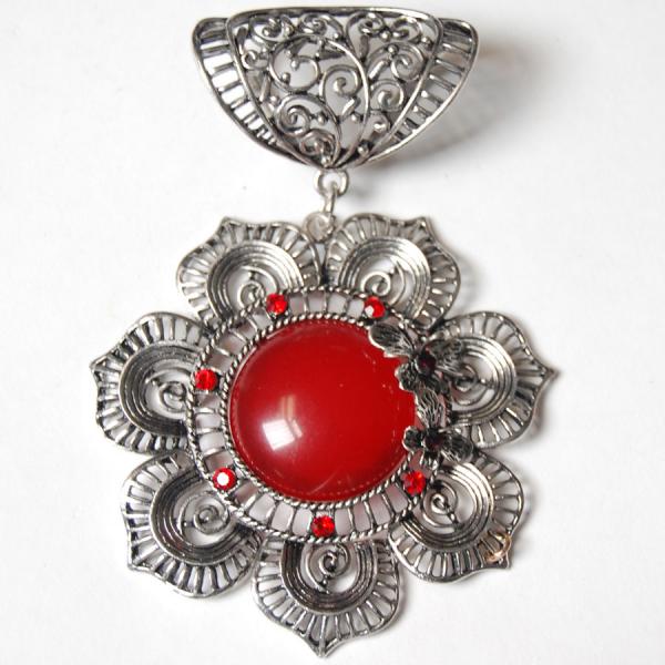 1905 - Scarf Pendants #S494 Silver Flower w/ Red Stones - 