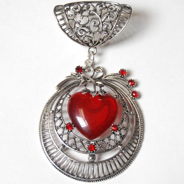 1905 - Scarf Pendants #S498 Silver Circle w/ Red Heart Stone (MB) - 