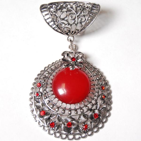 1905 - Scarf Pendants #S506 Silver Circle w/ Red Stone - 