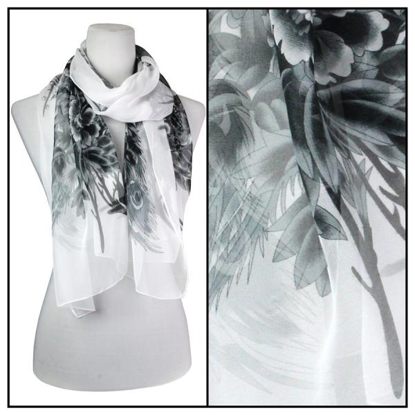 1909 - Silky Dress Scarves Peacock - White-Black  - 