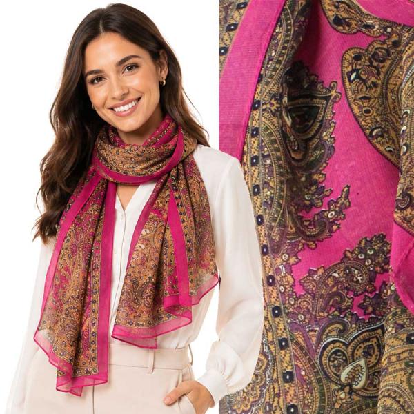 wholesale 1909/T - Silky Dress Scarves  PB03 <br>Paisley Border Hot Pink - 18