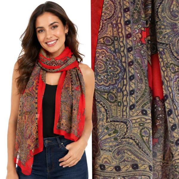 wholesale 1909/T - Silky Dress Scarves  PB07 <br>Paisley Border Red - 18