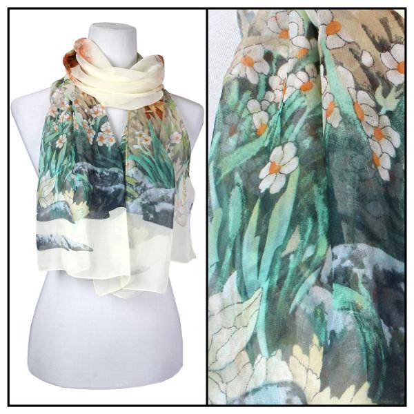 1909 - Silky Dress Scarves FB07<br>Floral Border Cream - 