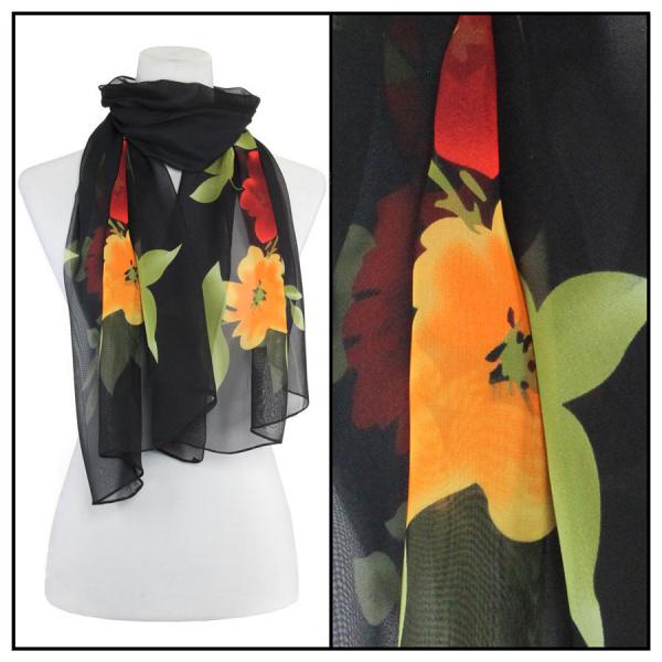 1909 - Silky Dress Scarves FL201<br>Flower 2 Black  - 