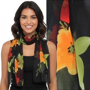 1909/T - Silky Dress Scarves  FL201 <br>Flower 2 Black  - 18