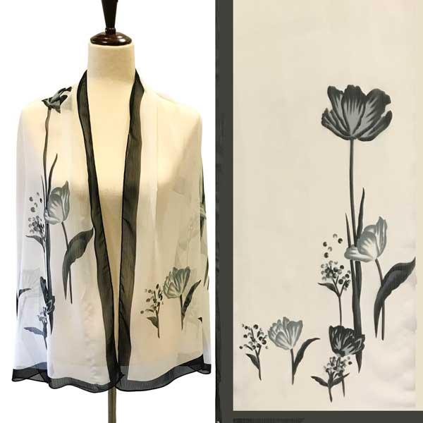1909 - Silky Dress Scarves A003 - Black/Ivory Floral - 