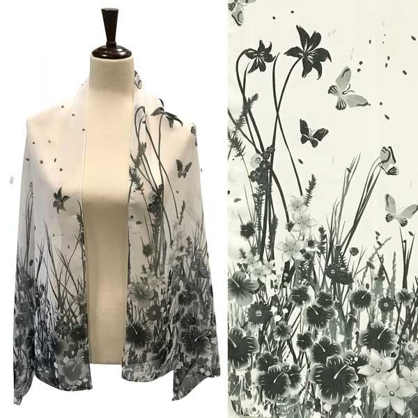 1909 - Silky Dress Scarves A005 - Black/Ivory Flowers and Butterflies - 