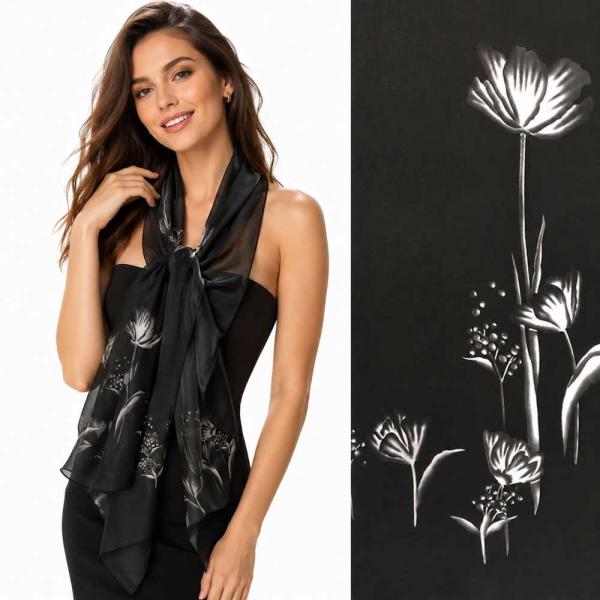 wholesale 1909/T - Silky Dress Scarves  A0/08 <br> Black/White Floral on Black - 18