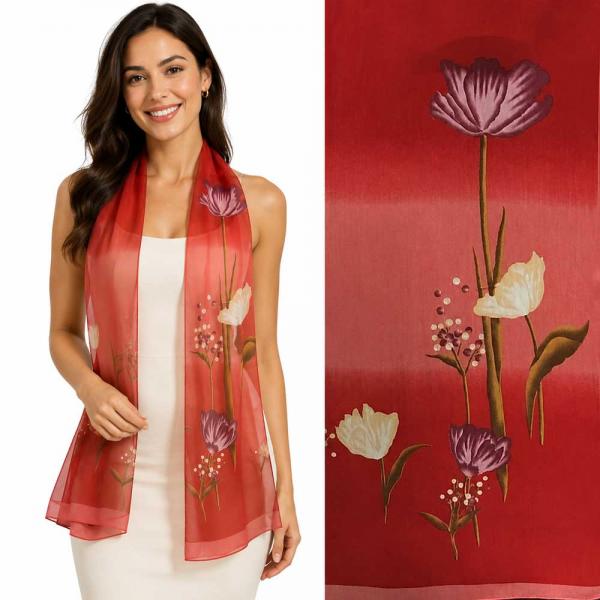 wholesale 1909/T - Silky Dress Scarves  A0/09 <br> Red Multi Floral on Red - 18