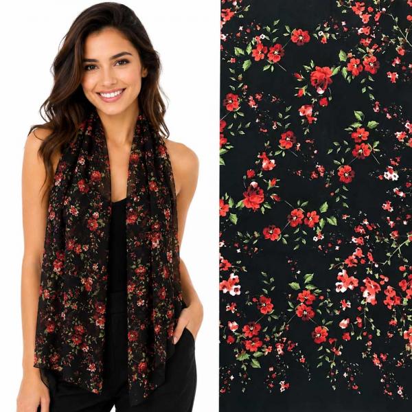 wholesale 1909/T - Silky Dress Scarves  A012 <br> Black Red Flowers on Black
(MB) - 18