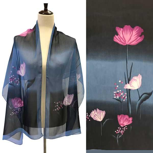 1909 - Silky Dress Scarves A011 - Blue Multi<br>
Floral on Blue Silky Dress Scarf - 