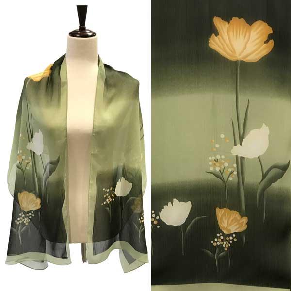 wholesale 1909 - Silky Dress Scarves A015 - Green Multi<br>
Floral on Green Silky Dress Scarf - 