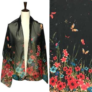 Wholesale  A017 - Black Multi<br>
Flowers and Butterflies Silky Dress Scarf - 