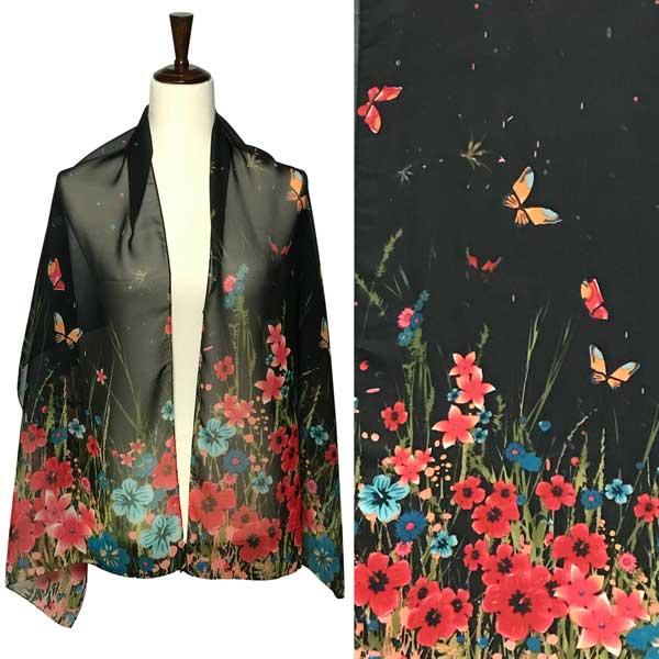 1909 - Silky Dress Scarves A017 - Black Multi<br>
Flowers and Butterflies Silky Dress Scarf - 