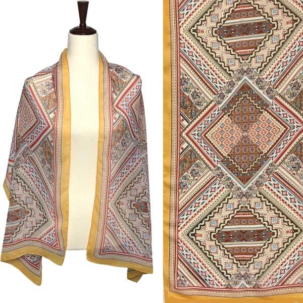 1909 - Silky Dress Scarves A019 - Multi<br>
Abstract Paisley with Gold Border Silky Dress Scarf - 