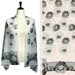 Wholesale  A027 - Ivory<br>
Ivory with Grey Roses Silky Dress Scarf - 