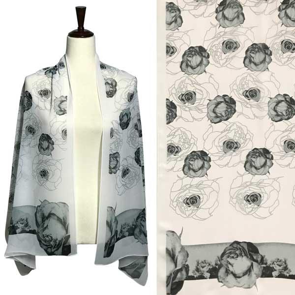 1909 - Silky Dress Scarves A027 - Ivory<br>
Ivory with Grey Roses Silky Dress Scarf - 